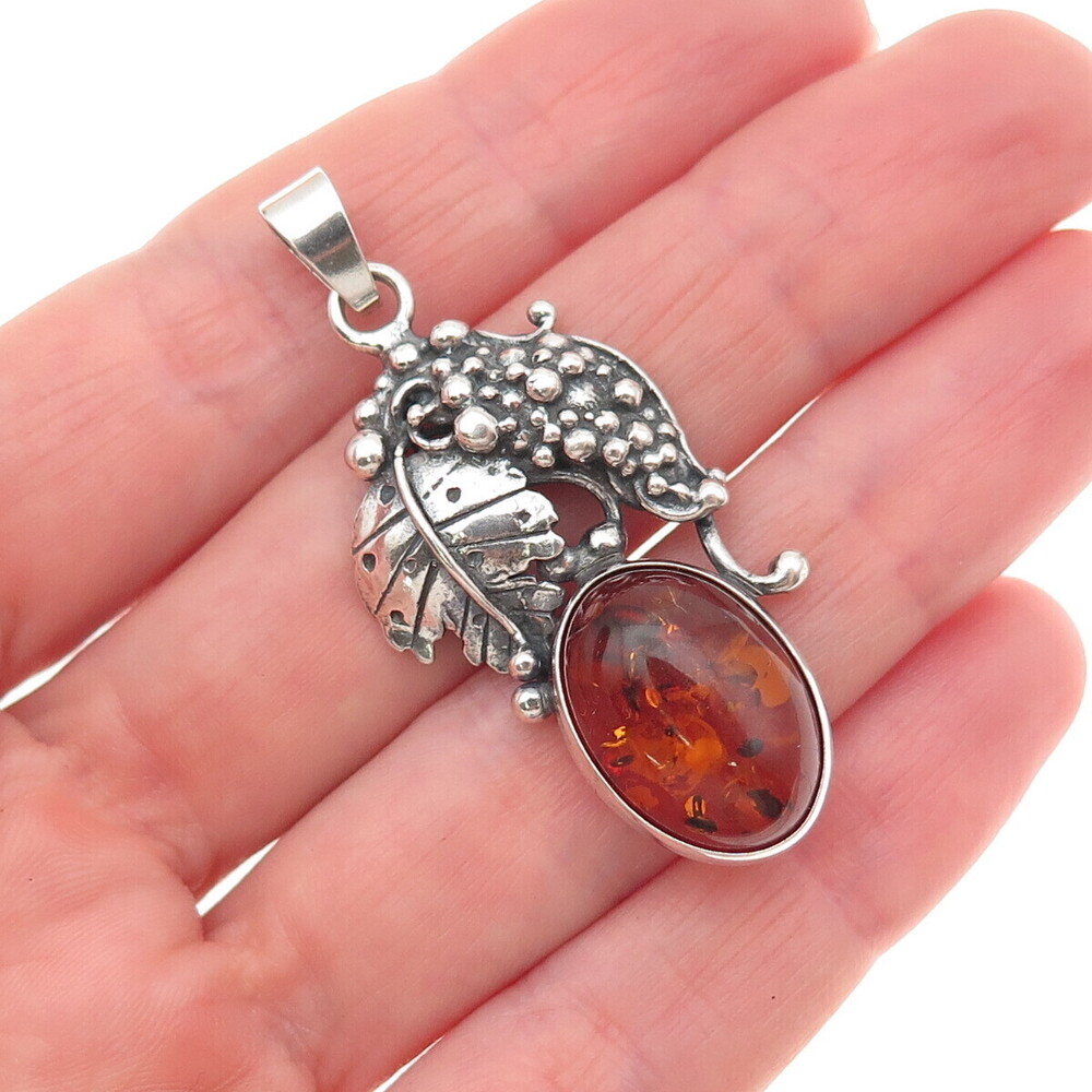 925 Sterling Silver Vintage Real Amber Grape Floral Oxidized Charm Pendant